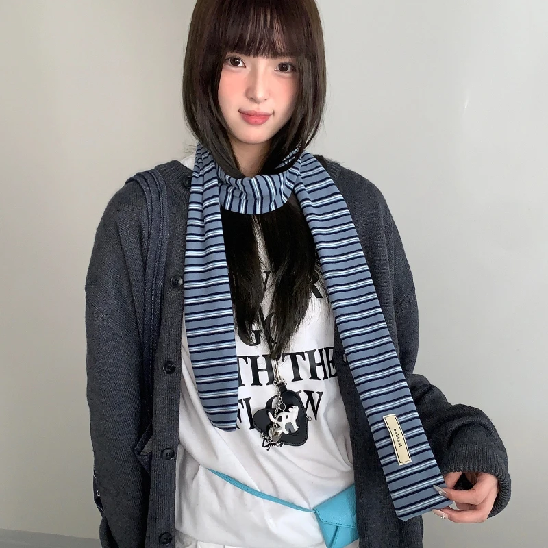 الكورية ضيق الأزرق والأبيض مخطط وشاح الرجعية الحلو وبارد فتاة الديكور وشاح المرأة الخريف الشتاء الدافئة تنوعا وشاح