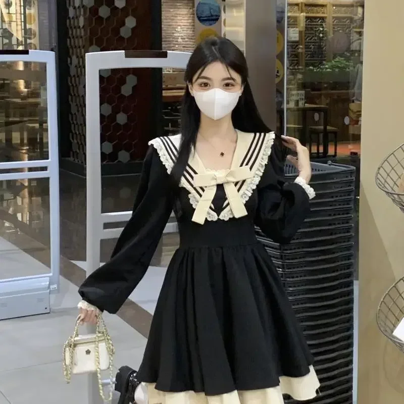 

Long Sleeve Naval Chief Hull Dress Autumn 2025 Covering Black Dress Women's Clothing Puff Skirt Sweet dsf2s