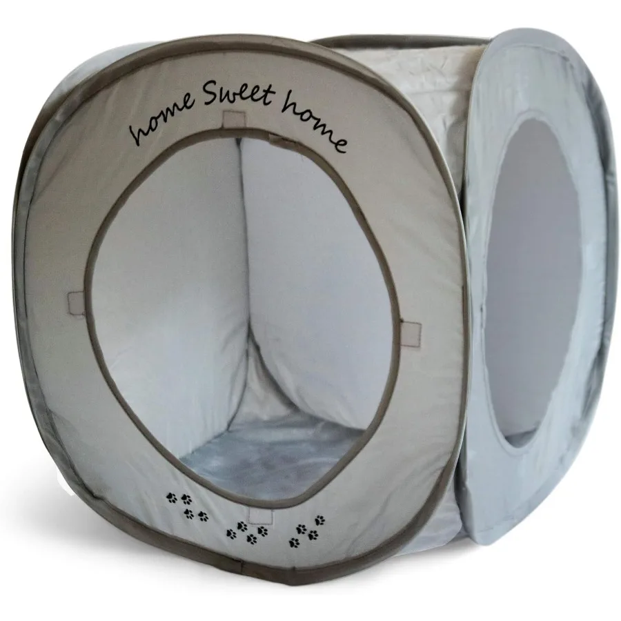 

Home Sweet Home Pop Up Cat Cube. A Collapsible Indoor Cat House. Covered Pet Bed Hideaway Cave for Dogs and Other Pets Too. Pop