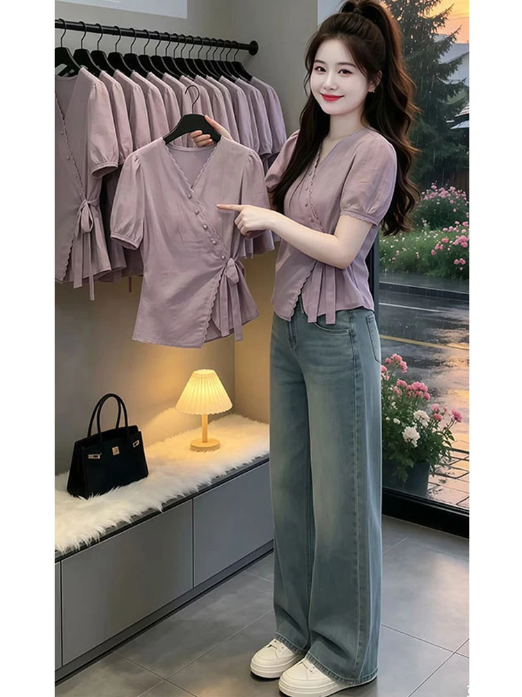 

Unique Bow-Tied Waist-Cinching Short-Sleeve Shirt for Women Elegant Youthful Summer 2026 Casual Style Fashionable Top