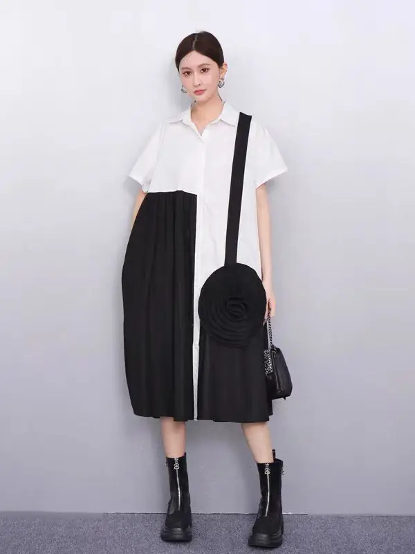 Tannt Vrouwen Jurk Asymmetrie Bloem Patchwork Zwart Wit Kleur Bijpassende Shirt Jurken 2025, Nieuwe Mode Casual Lange Jurken