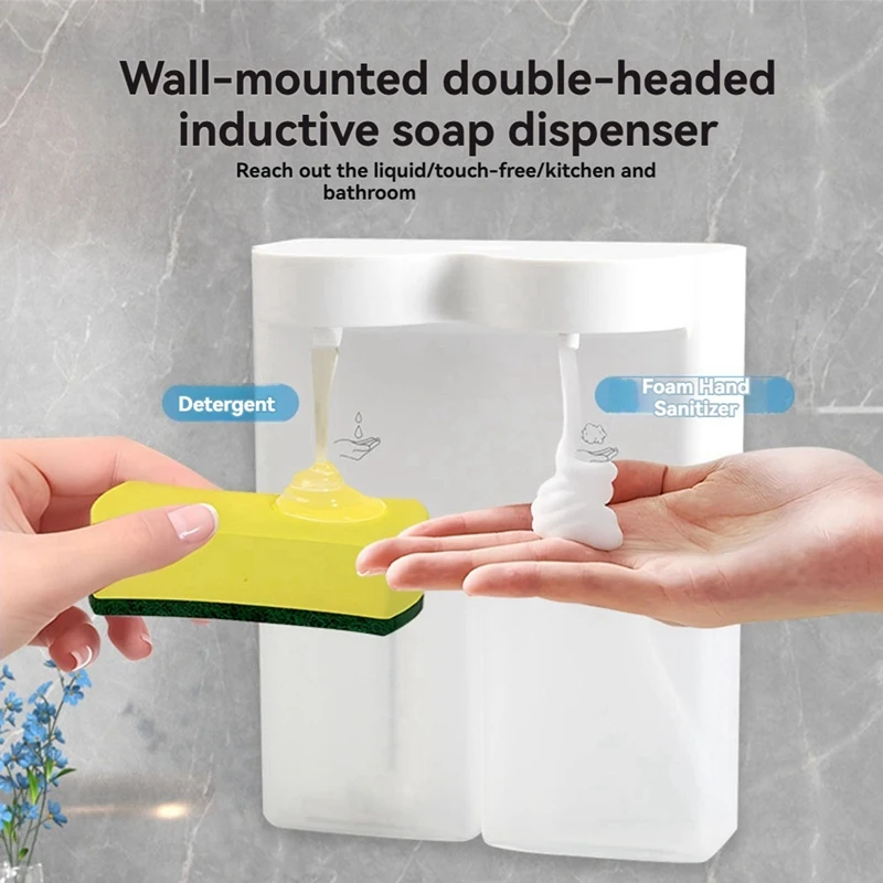 2 Outlet Touchless Soap Dispenser USB Charging Soap Dispenser 3 Level Adjustable Wall Mount For Bathroom Liquid Out + Foam Out