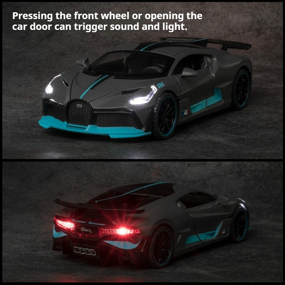 Maßstab 1:32, Divo Bolide, Legierungsdruckguss-Spielzeugautomodell, Türen, geöffnet mit Ton, Licht, zurückziehbares Miniaturfahrzeug, exquisite Ornamente