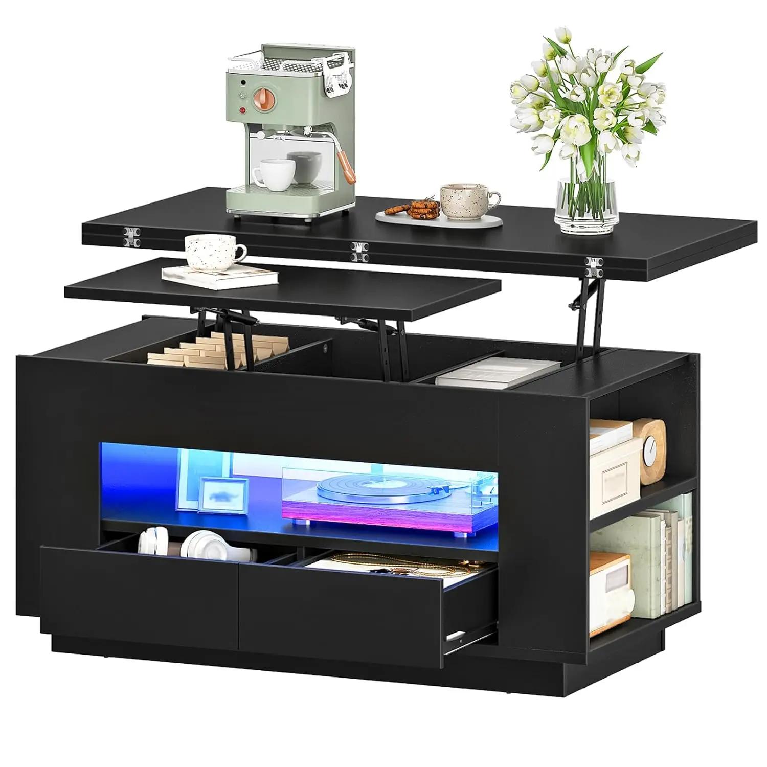 

40-Inch Lift Coffee Table with 2 Drawers LED Lights Storage 4-in-1 Multi-Use Center Floating Base Living Room Black, Customized