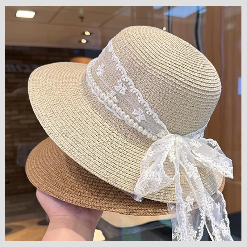 New Summer Wide Brim Straw Hat for Women - Lace Pearl Bowknot Decor, Raffia Sun Hat UV Protection Beach Vacation Cap