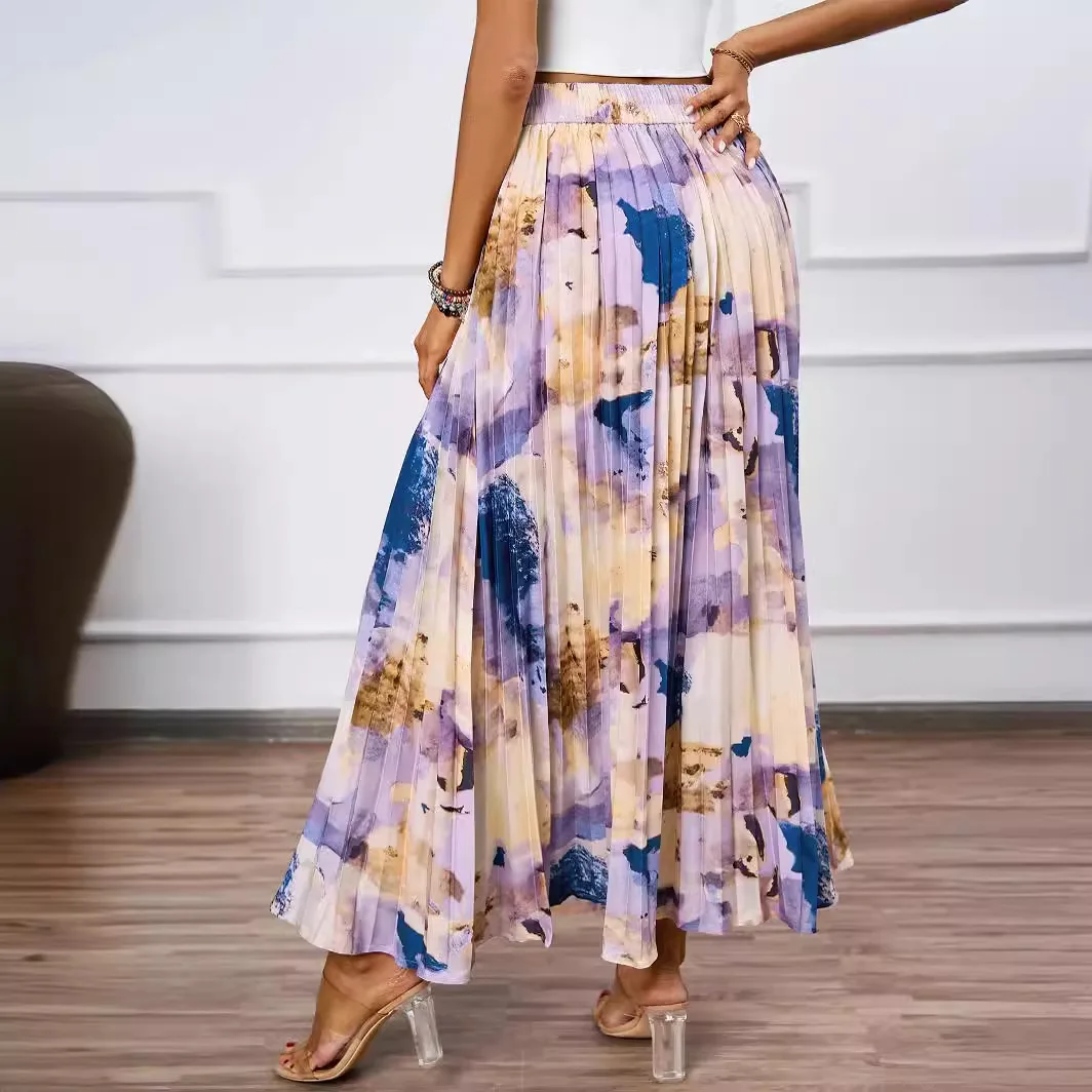 

Юбка с принтом в стиле масляной живописи, художественный плиссированный дизайн, премиум-класс, женская миди-юбка из высококачественного полиэстера