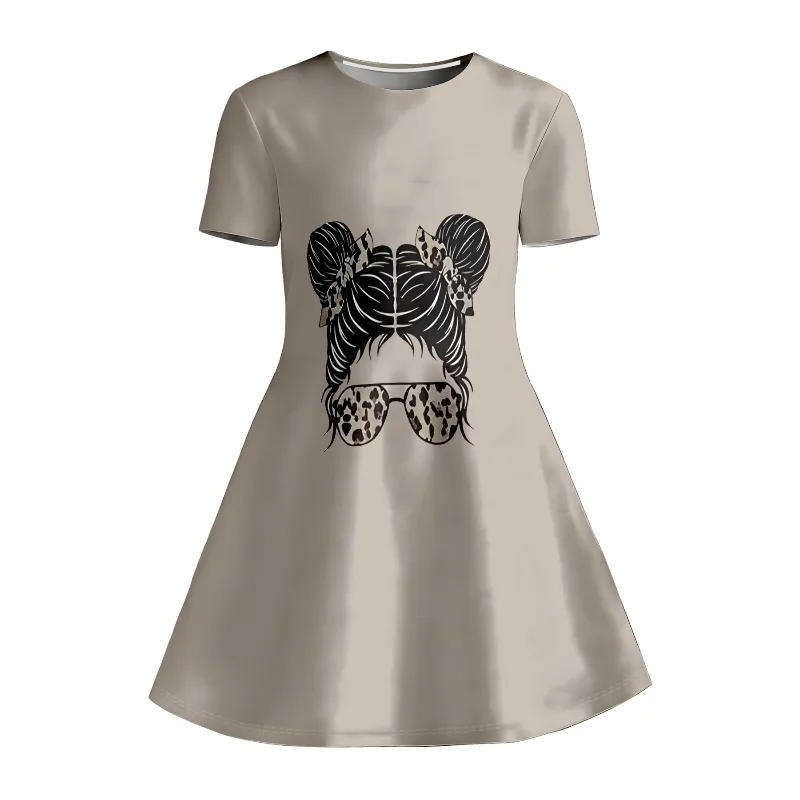 Little Girls Leopard Bun Girl Simple Number 67 Ice Cream Drip Print Round Neck Short Sleeve A-Line Kids Summer Swing Dress