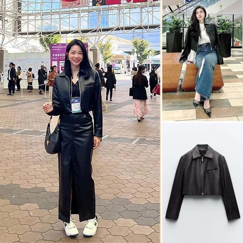 سترة Street Sle فضفاضة مناسبة مع سحاب إغلاق، طقم جانبي واحد طويل Sve بياقة مقلوبة من الجلد Jaet #1