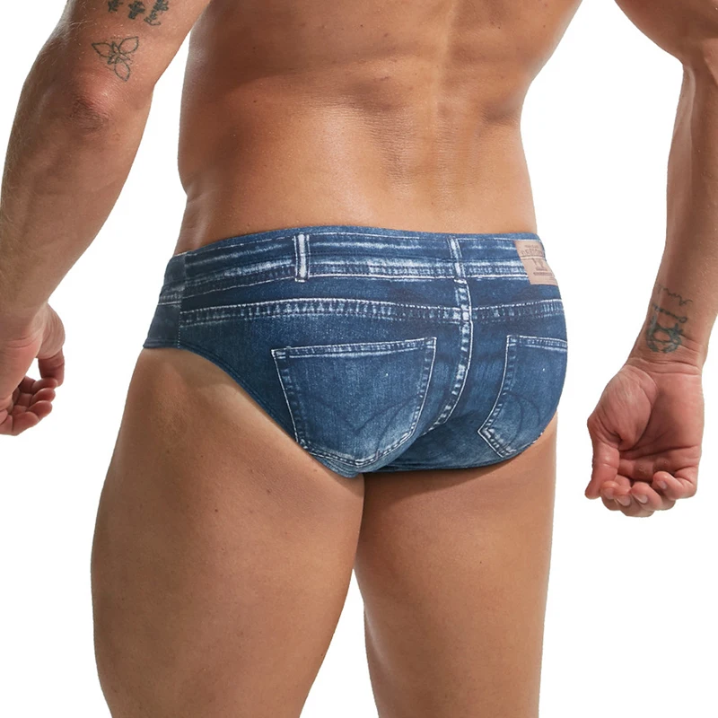Mens Briefs Denim Printed Breathable Seamless Bugle Pouch Panties Swimwear Board Shorts Surfing Beachwear Cuecas Underwear 2XL
