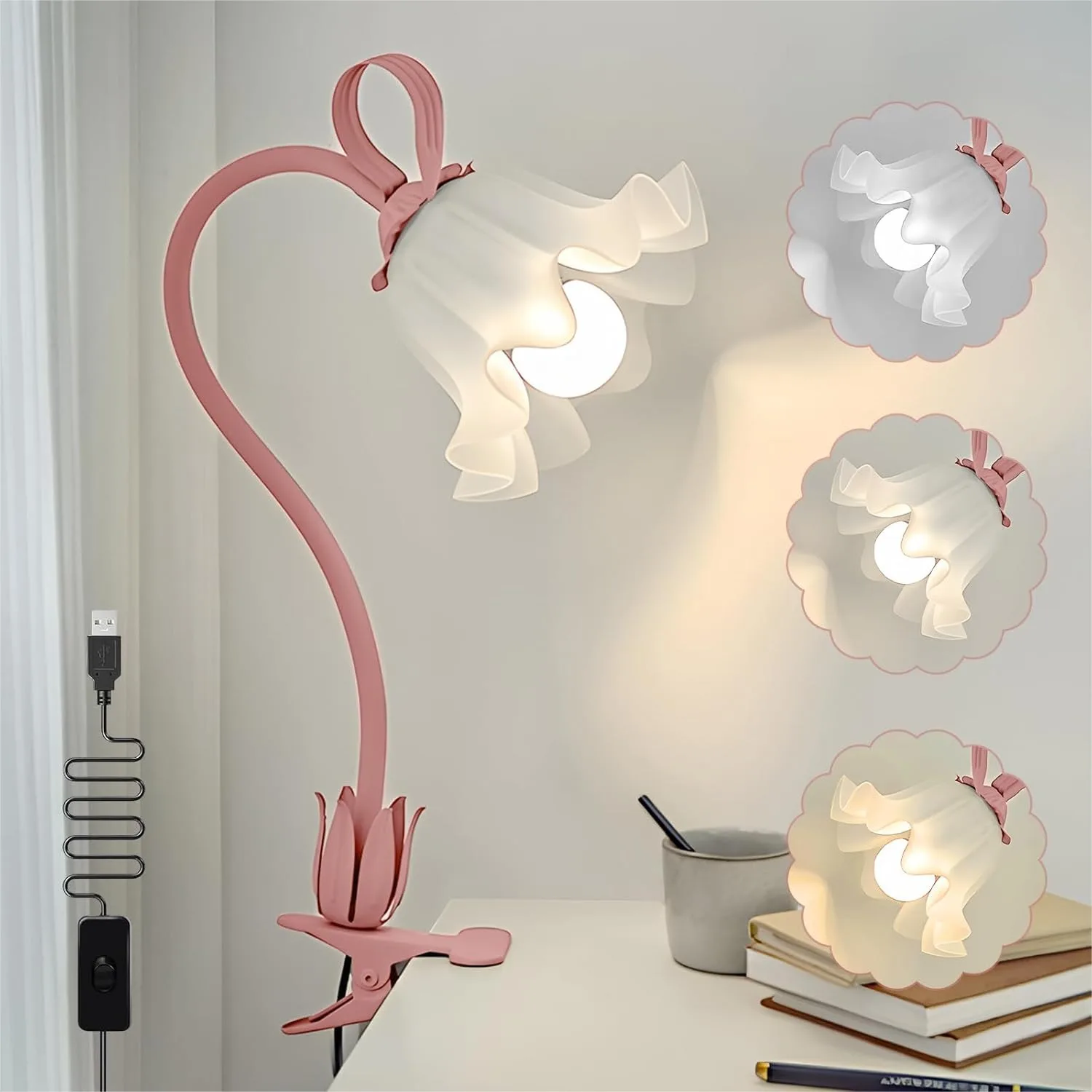 

Clip On Light and Flower Bedside Table Lamp, Flexible Gooseneck Reading Book Light with 3 Color Modes, Night Light for Kids