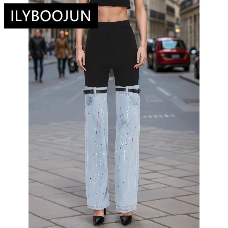 

ILYBOOJUN Hit Color Temperament Spliced Belt Denim Pants For Women High Waist Casual Jeans Female Fashion Style Clothes New