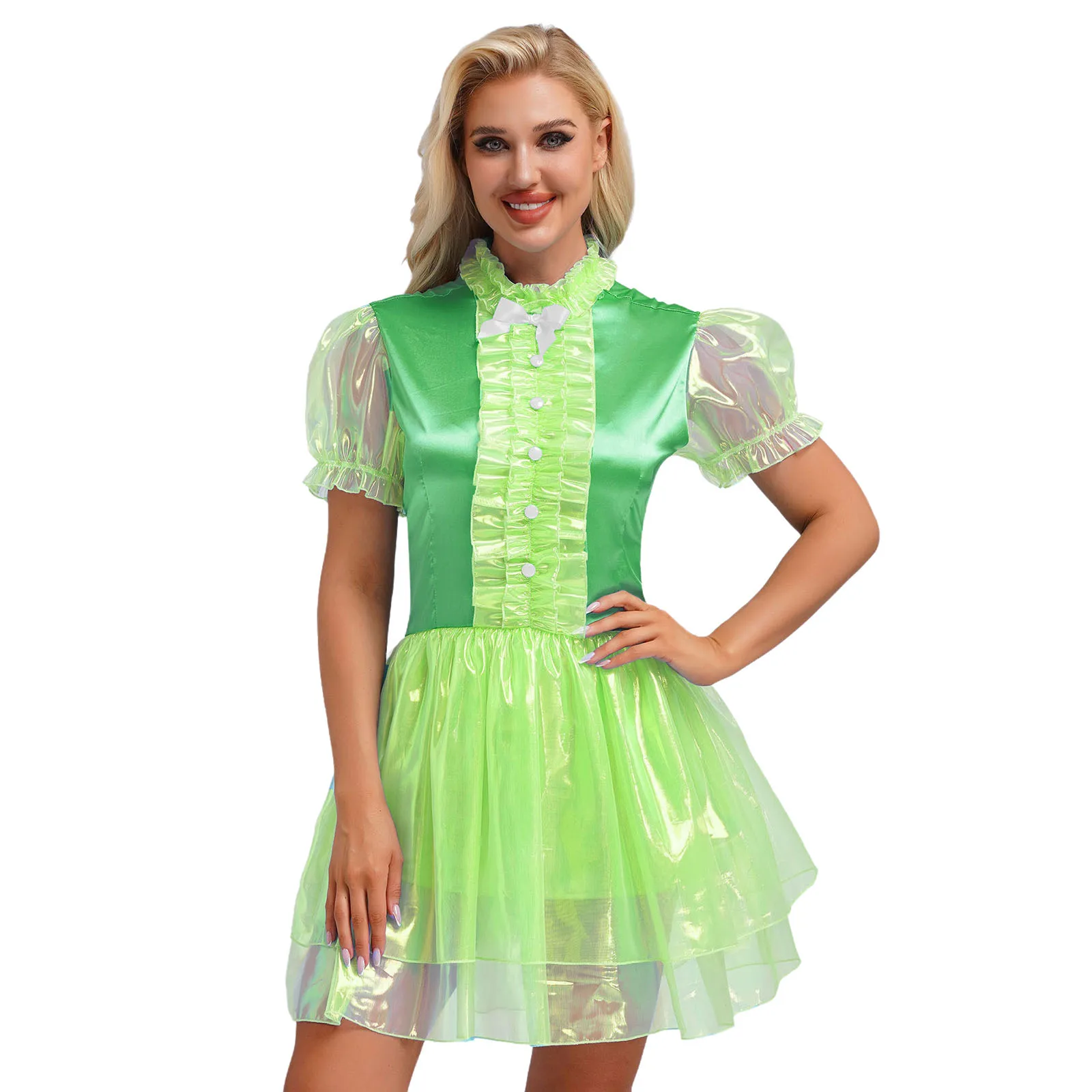 

Women Sweet Maid Princess Dress Puff Sleeve Bow Sparkly Puffy Dress Ruffled Frilly Dress Cute Tiered Birthday Role Play Costume