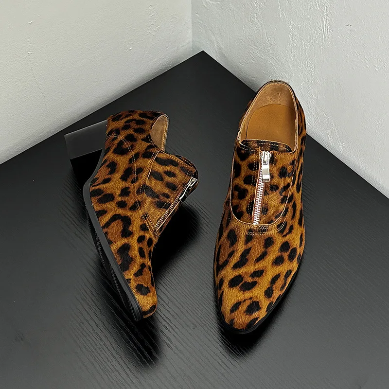 

High Heeled 6Cm Leopard Print Leather Shoes for Men, Pointed High Heels, Toe Layer Cowhide Formal Leather Shoes, New Style