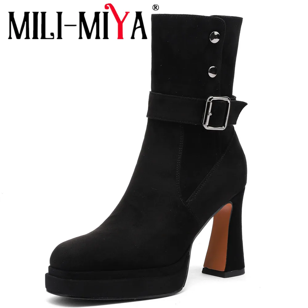 MILI-MIYA Women's Square-Toe Ultra-High-Heel Ankle Boots Premium Synthetic Leather Classic Black Extra Large Sizes 34-41 Handmad