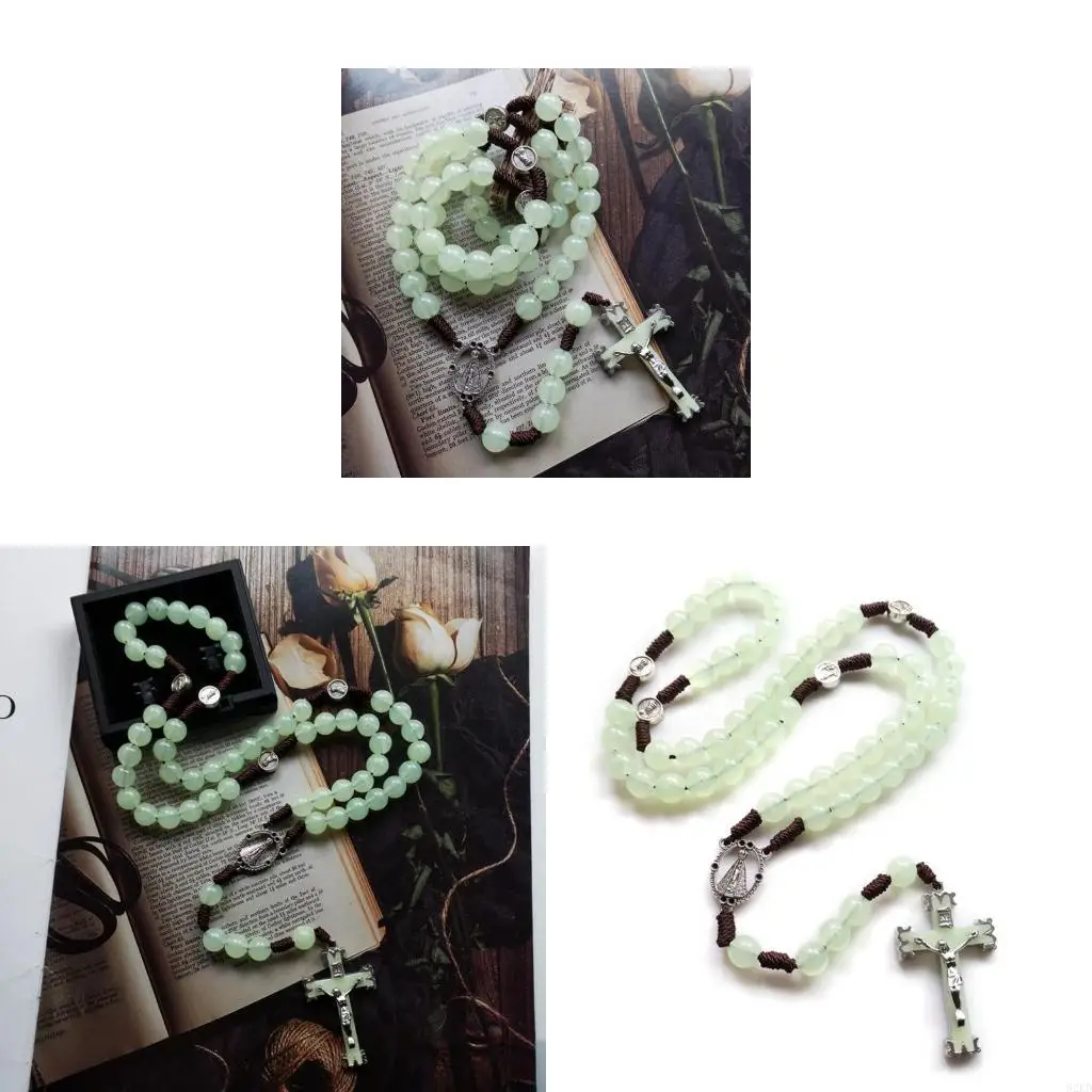 62KD 10mm Rosary Beads Luminous Necklace Jesus Crucifix for Cross Pendant Necklaces Glow in Dark Religious Jewelry for Men Women
