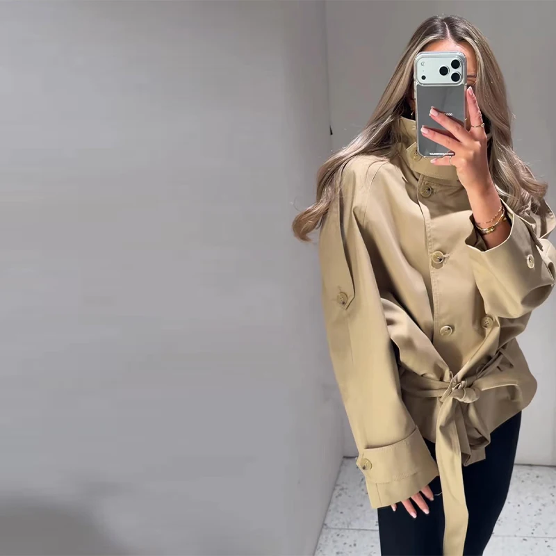 Modischer Stehkragen-Damen-Windbreaker Einfarbiger Doppelreihiger Schnür-Mantel mit Langen Ärmeln Damen-Oberbekleidung 2026 Herbst Neue Kollektion – Detail 9
