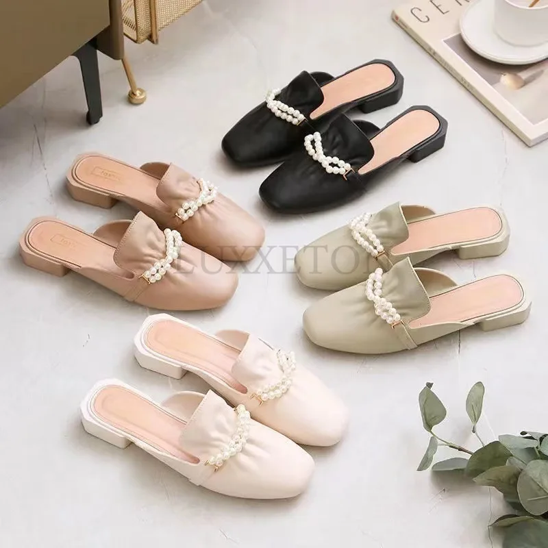 Women Slippers 2024 New Summer Fashion Slip on Flat Soled Muller Korean Cute Casual Outdoor Pearl Toe Square Toe Women Shoes