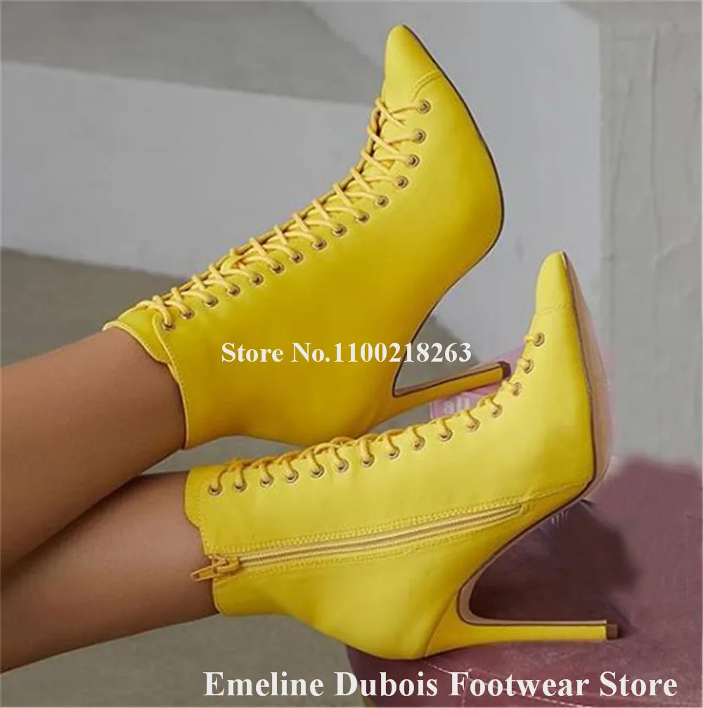 Yellow Suede Short Boots Emeline Dubois Charming Pointed Toe Lace-up Stiletto Heel Ankle Booties Party Dress Heels