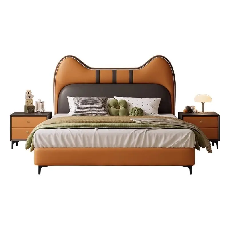 

Boys and girls leather bed 1 meter 5 bedroom cat single bed 1 meter 2 small apartment leather bed