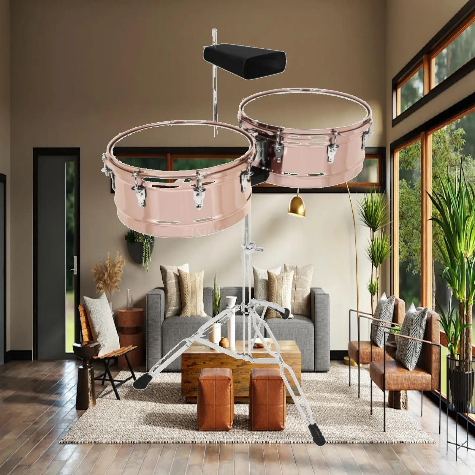 Musical Percussion Drum Timbales Set Twin Rose Gold Metal Drums with Cowbell Heavy Duty Stand for Live Stage Band Musicians