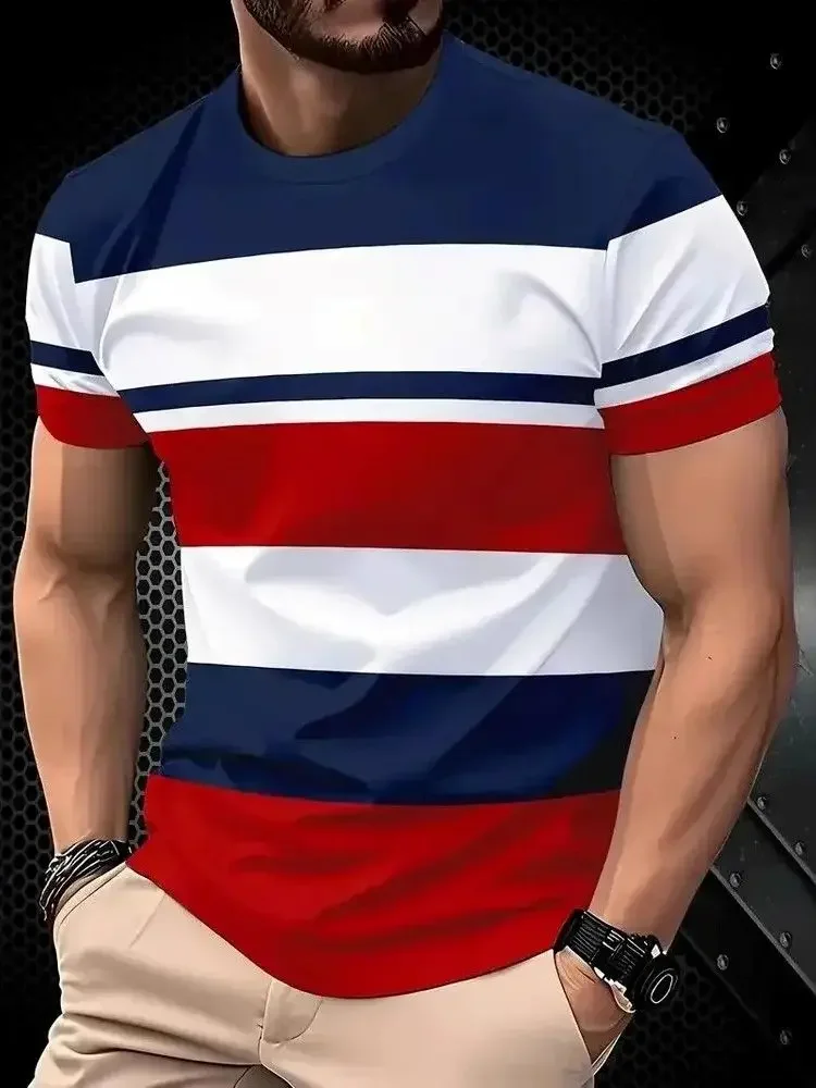 Fashion Men's Color Block Crew Neck T-Shirt Classic Stripe Print Short Sleeve Summer Casual Breathable Tee Tops