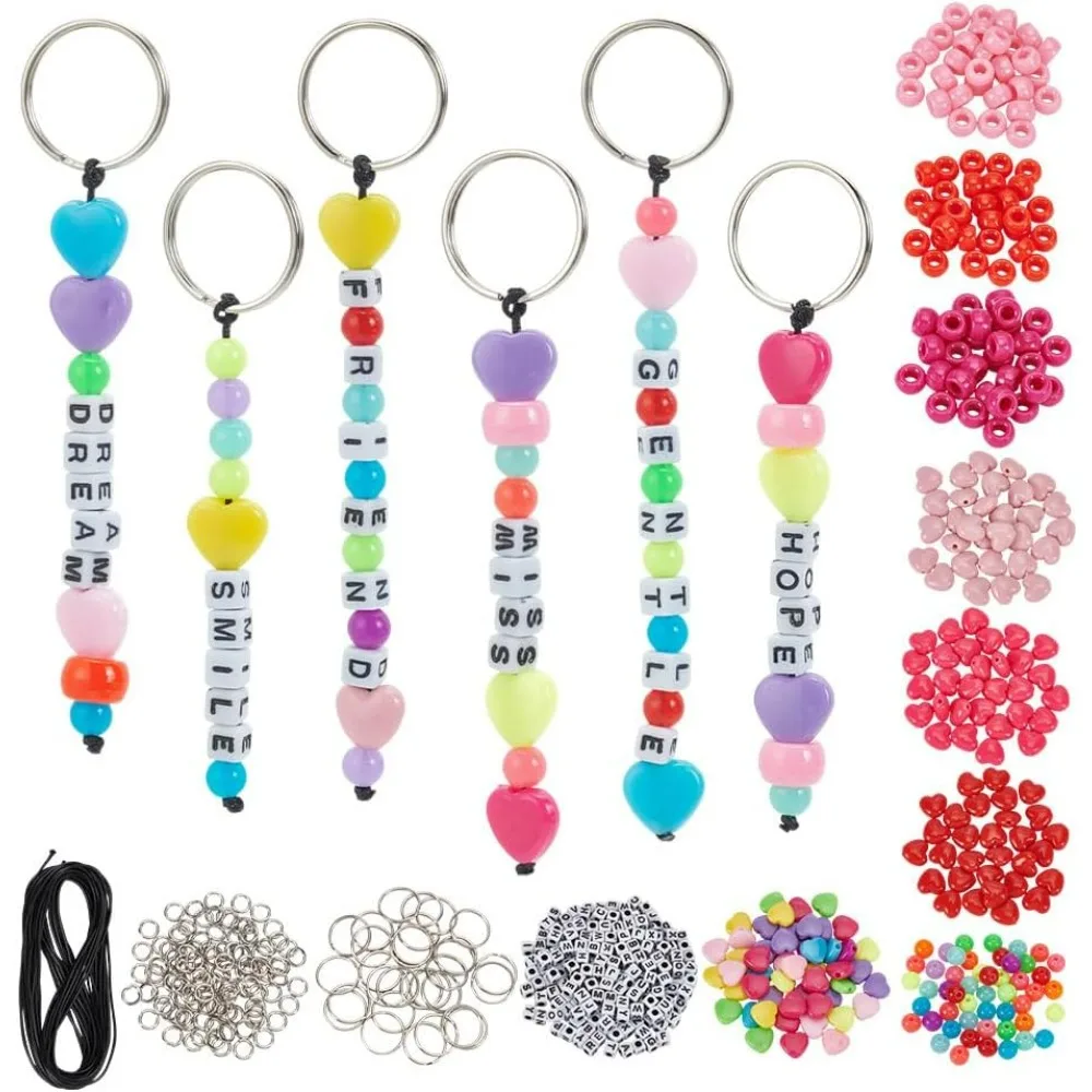 610 Pcs Beaded Keychain Making Kit Including Red Heart Round Acrylic Seed Beads Key Rings and Polyester Cord for DIY Making kit