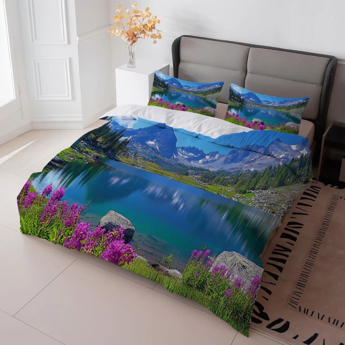 Polyester Fiber Duvet Cover Set of Three, 2D Flat Printed Duvet Cover Set, Duvet Cover Bedding Set, Mountain and Lake Scenery Blue Duvet Cover + Pillowcase, Invisible Zipper, Large Duvet Cover Set, Bedding Set, Quilt Cover