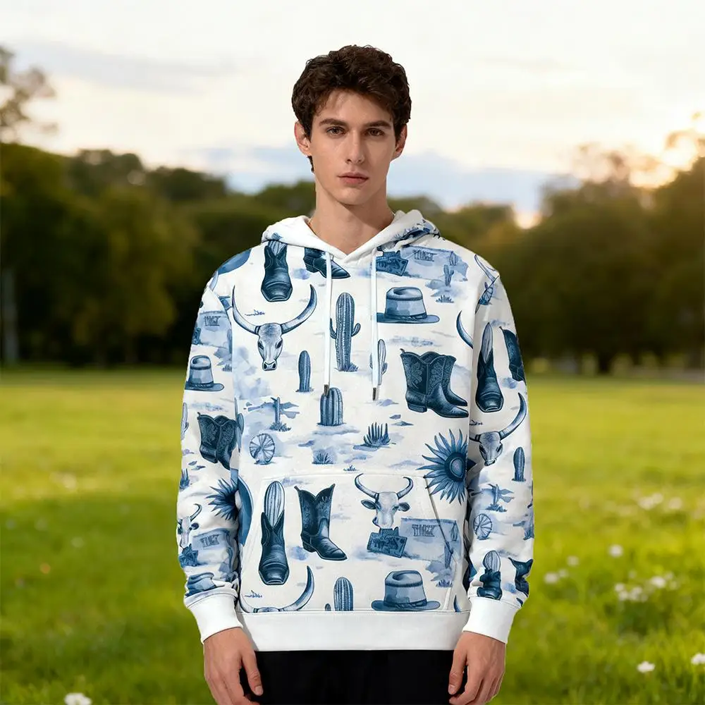 

Retro Western Cowboy Print Hoodie Simple Cactus Skull Pattern Pullover Autumn And Winter Fashion Men And Women Street Style Wear