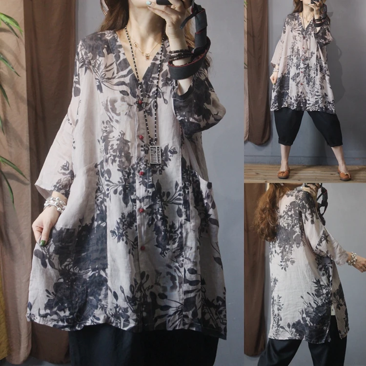 

Loose Women's Shirt Jacket Medium Length Watercolor Print Casual Breathable Summer Outerwear Slimming Fashion Commute Style