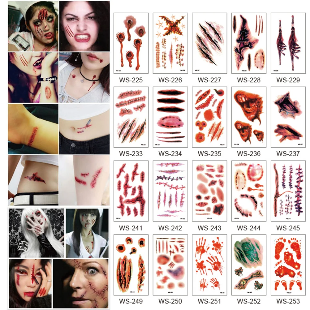 Temporary Scar Tattoos Stickers Realistic Bloody Wound Scab Horror Body Face Decals Prank Props for Halloween Cosplay