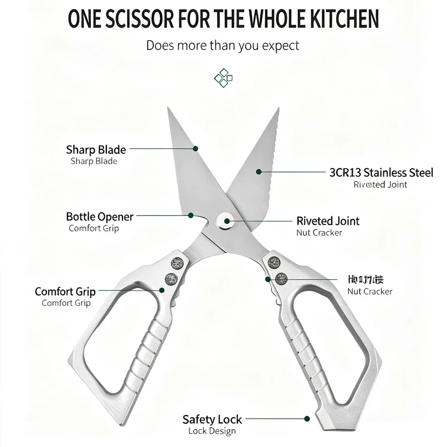 Multifunctional Stainless Steel Kitchen Scissors Household with Bone Cutter Bottle Opener & Nut Cracker for Chicken Fish Cutting