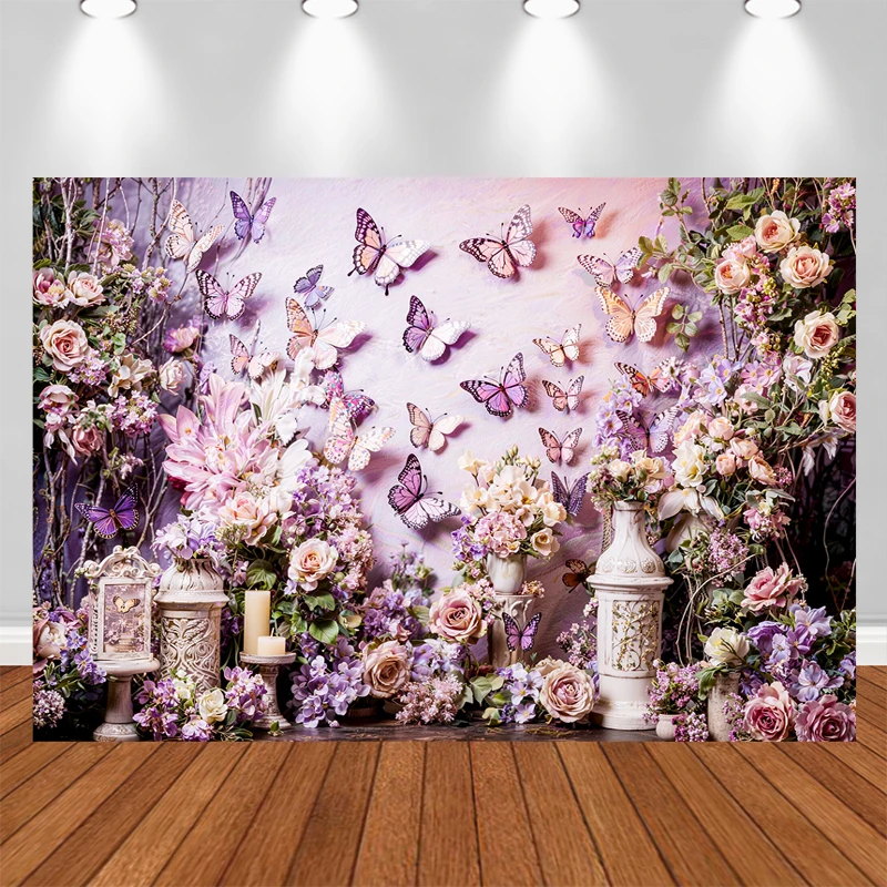 LS Photography Background Spring Floral Butterfly Decoration Newborn Shower Kids Art Portrait Backdrop Photo Studio