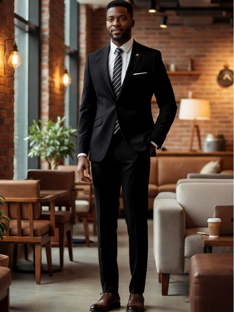 

ST Cassy black Men's Suit Slim Fit Solid Color Suit Formal Business Office Single Breasted Coat Pants 2 Pieces Set