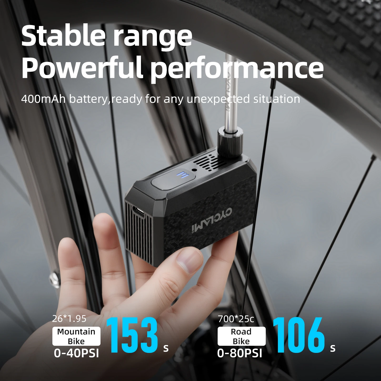 CYCLAMI AM6 Mini Portable Bicycle Pump 130 PSI Rechargeable Air Inflator Type-C Bike Accessories for Bike Schrader Presta Tires