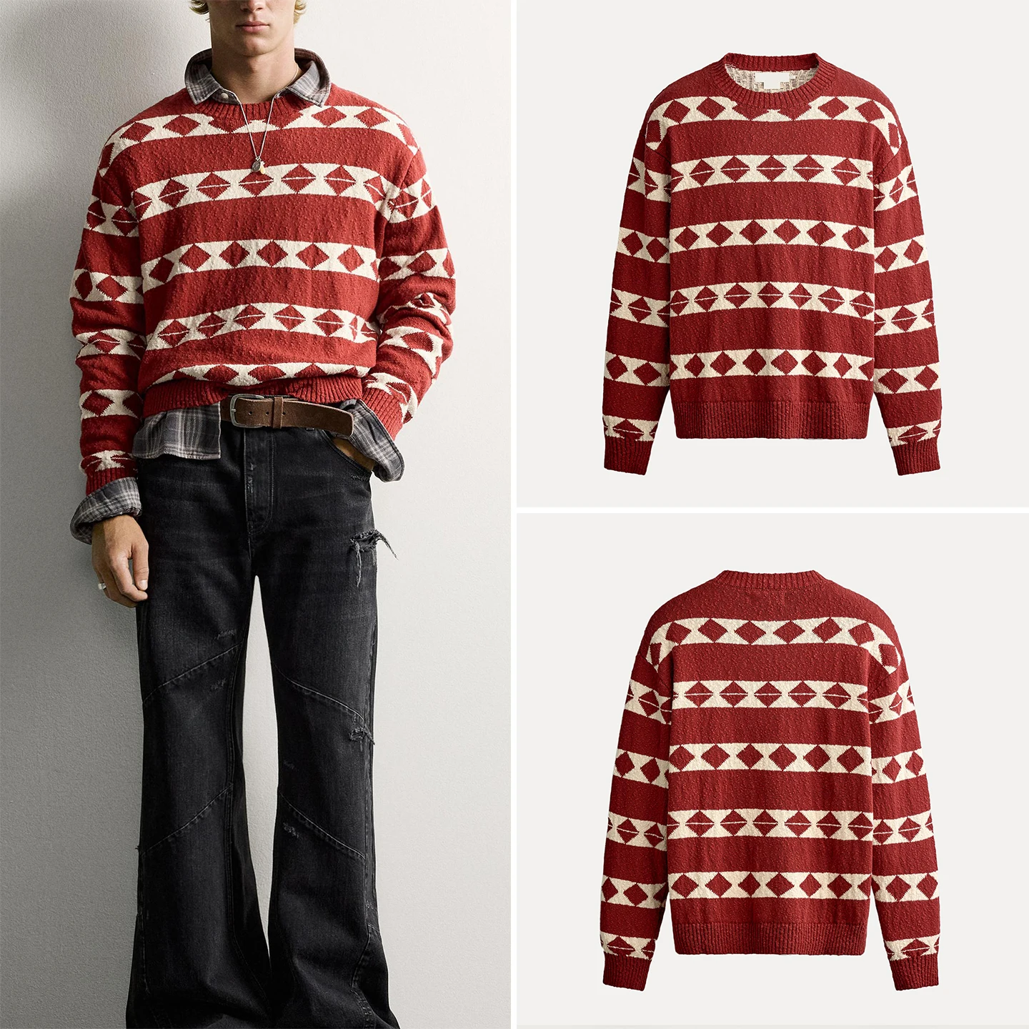 Men's Loose Fit Geometric Pattern Knitted Sweater Autumn Fashion Ensemble Brand Zadata Long Sleeve round Neck Pullover Shirt