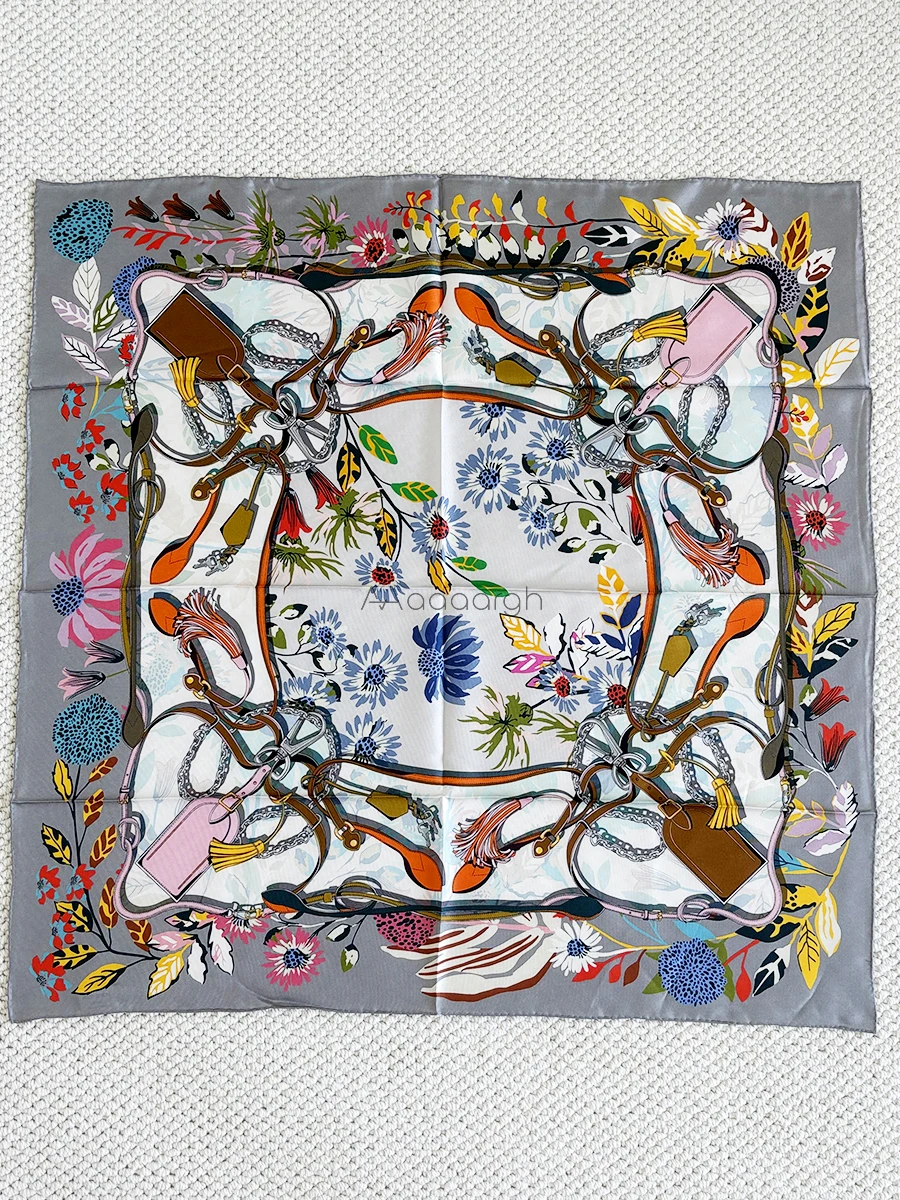 90-センチメートルシルクスカーフ高級ブランド女性ツイルスカーフ手巻きエッジショールバンダナ夏のヘッドヘアアクセサリー-90-センチメートル