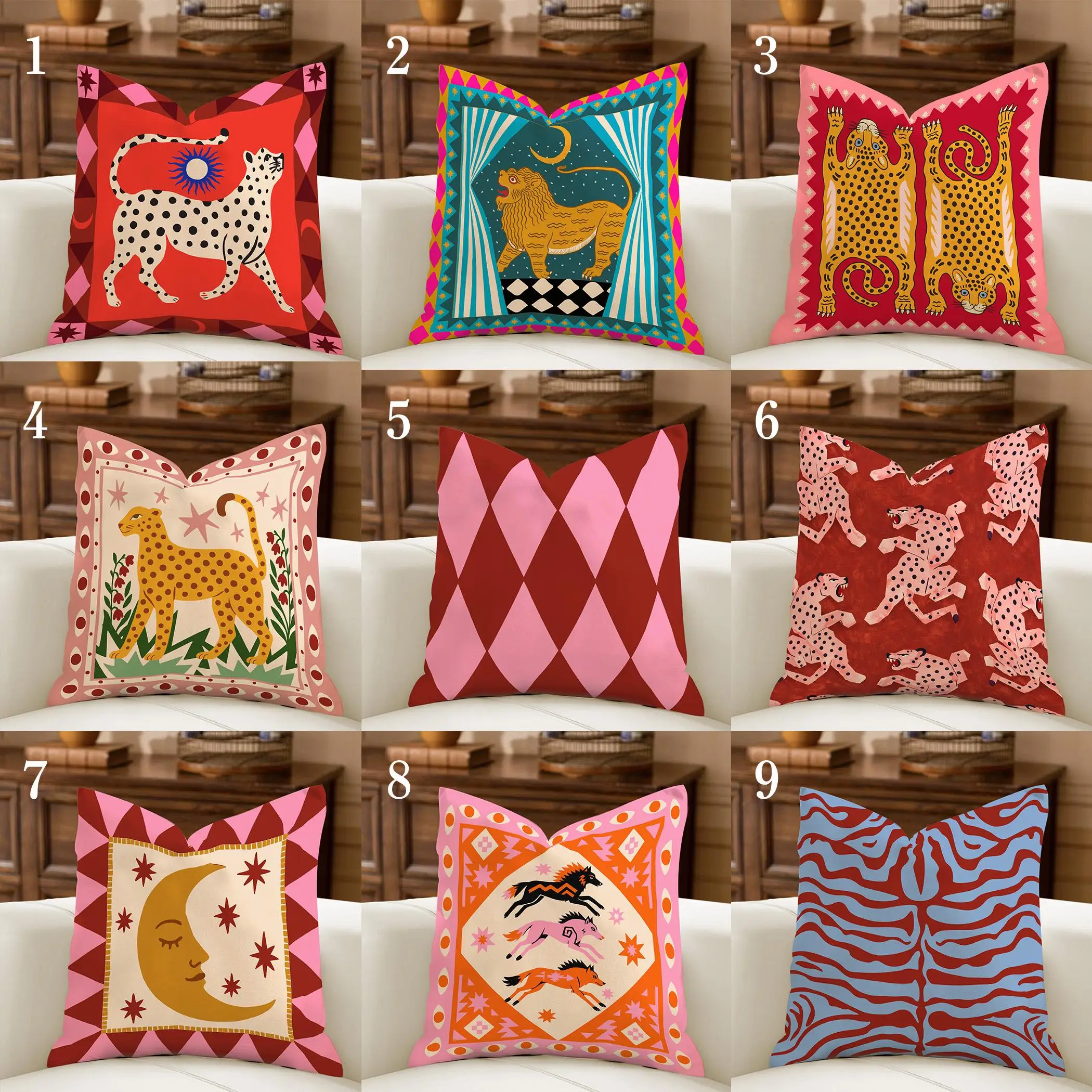 1pc Whimsical Circus Pillow Cover, Maroon Pink Maximalist Decor, Boho Animal Cushion Case, Eclectic Folk Art Pillowcase, Harlequ