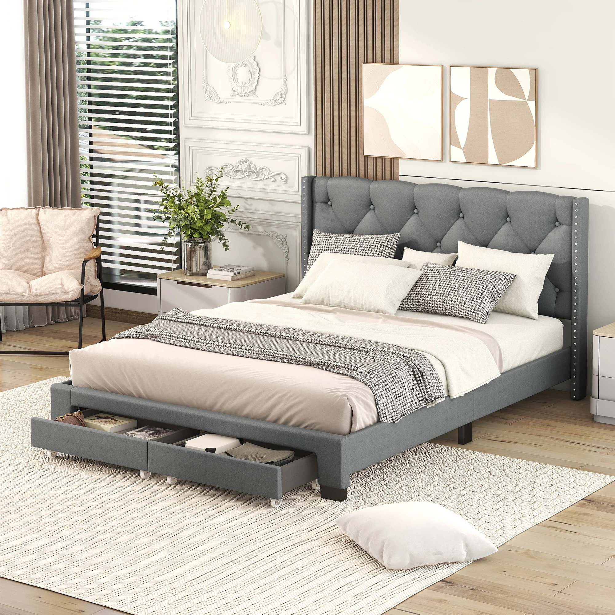 Queen Bed Frame, Wood Platform Bed Frame with Upholstered Headboard & 2 Drawers, Linen Upholstered Platform Bed