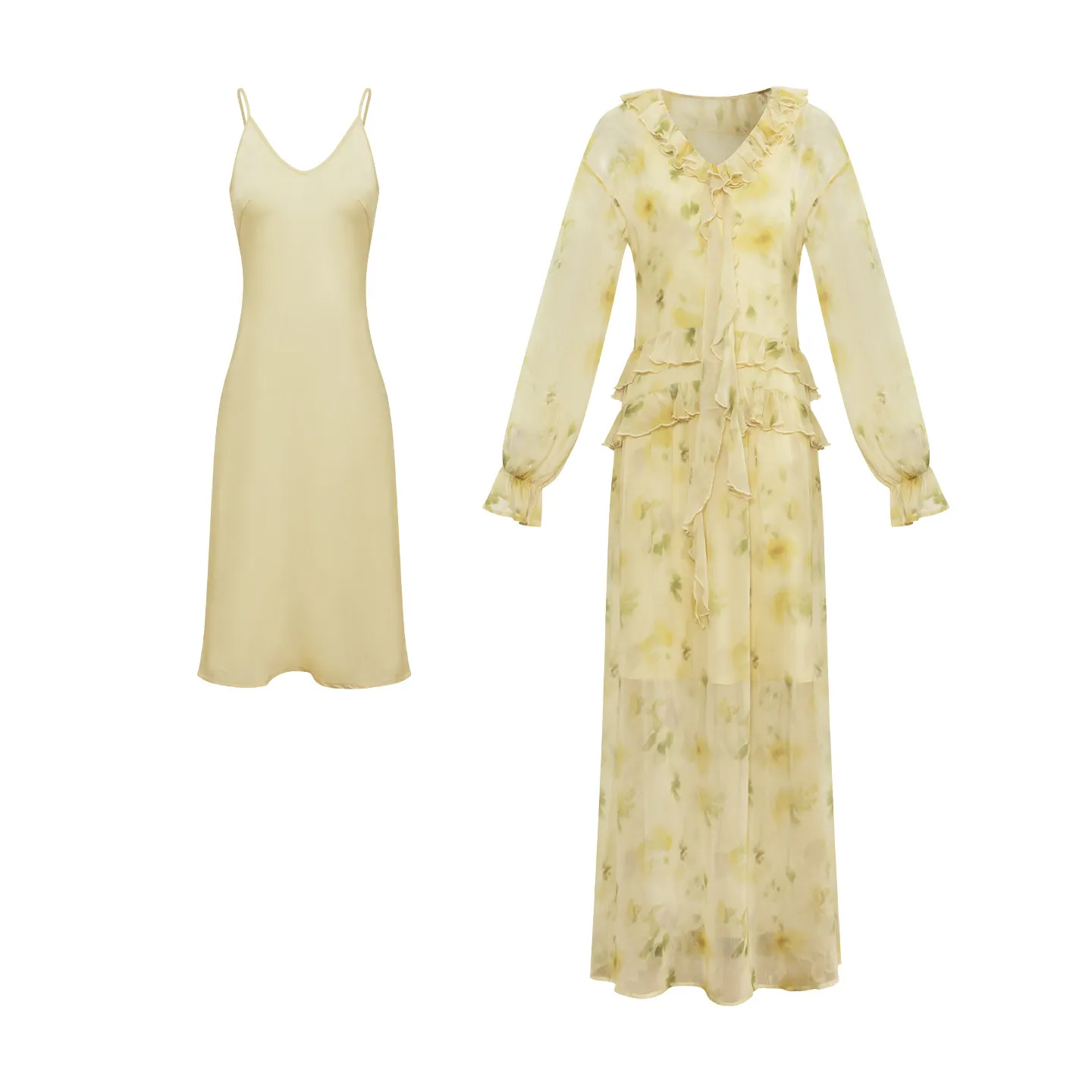 AEL Original Gelbes Blumen-Chiffonkleid 26 Sommer Neues Strandurlaubskleid mit Windstreifen und Laternenärmeln Langes Kleid – Detail 6