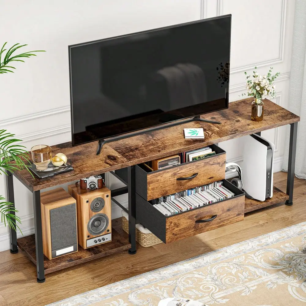 LED TV Stand With 2 Fabric Drawers 2 Open Storage Shelves, TV Console MultiFunctional Storage Cabinet For Living Room, Easy To