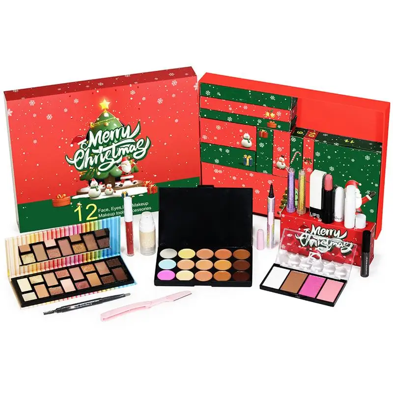 Calendrier de compte à rebours de Noël, kit de maquillage pour le visage, rouge à lèvres, ombre à barrage, correcteurs, cosmétiques, coffret cadeau, 12 pièces