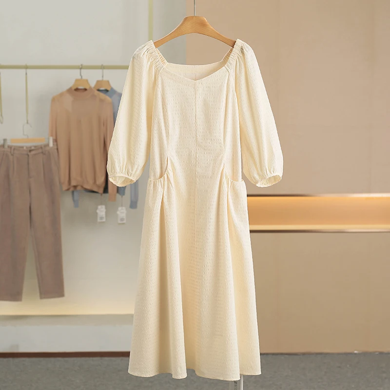 

Gentle V-Neck Cotton Dress with Bubble Sleeves And High Waist Design for Women Spring Fashion New Arrival Home Work City Commute