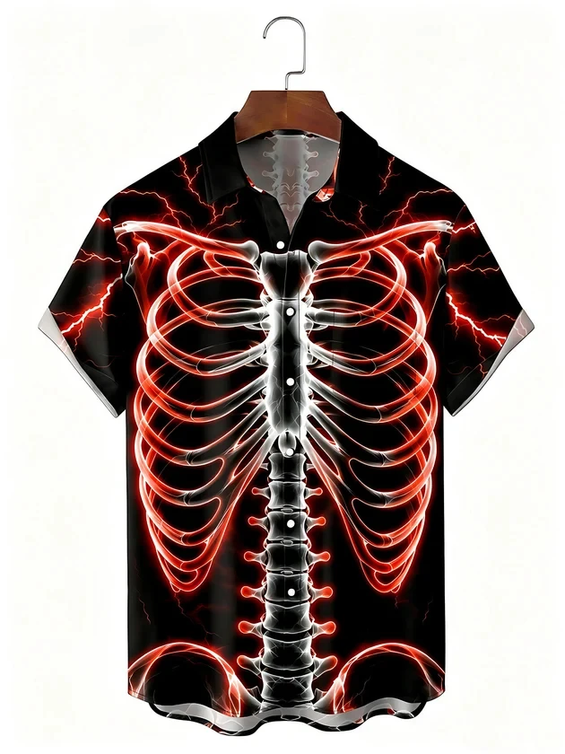 2026 Funny Men's Shirt Halloween Skeleton Pumpkin Bat Print Contrast Collar Short Sleeve Casual Holiday Beach Men Clothing