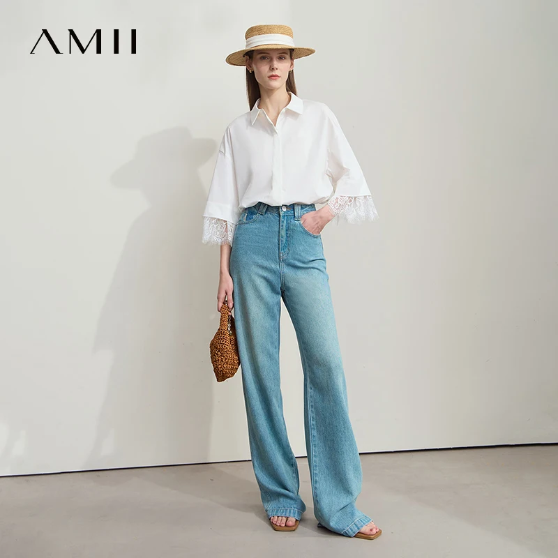 Amii Minimalist Cotton  Shirts for Women 2025 Summer New Solid Lapel Shoulder Half-sleeve Lace Splicing Loose Tops 12542096