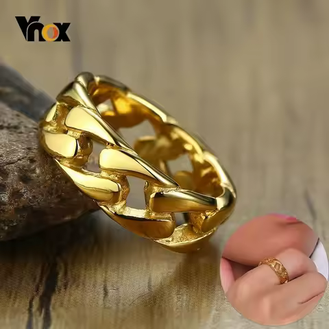 Vnox Punk Link Chain Shape Ring For Men Black/Gold/Silver Color Stainless Steel Fraternal Rings Male Alliance