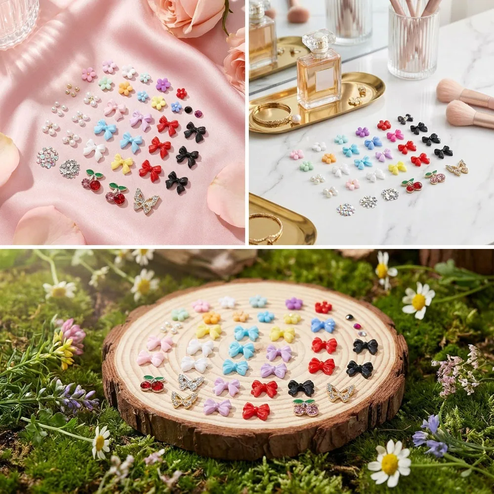 12/24 Gitter 3D Bunte Blumen-Schleifen-Nagelanhänger, gemischte Edelsteine, Perlen, Legierung, Schmetterlinge, Kirschen, Nageldekorationen, DIY-Maniküre-Teile – Detail 8