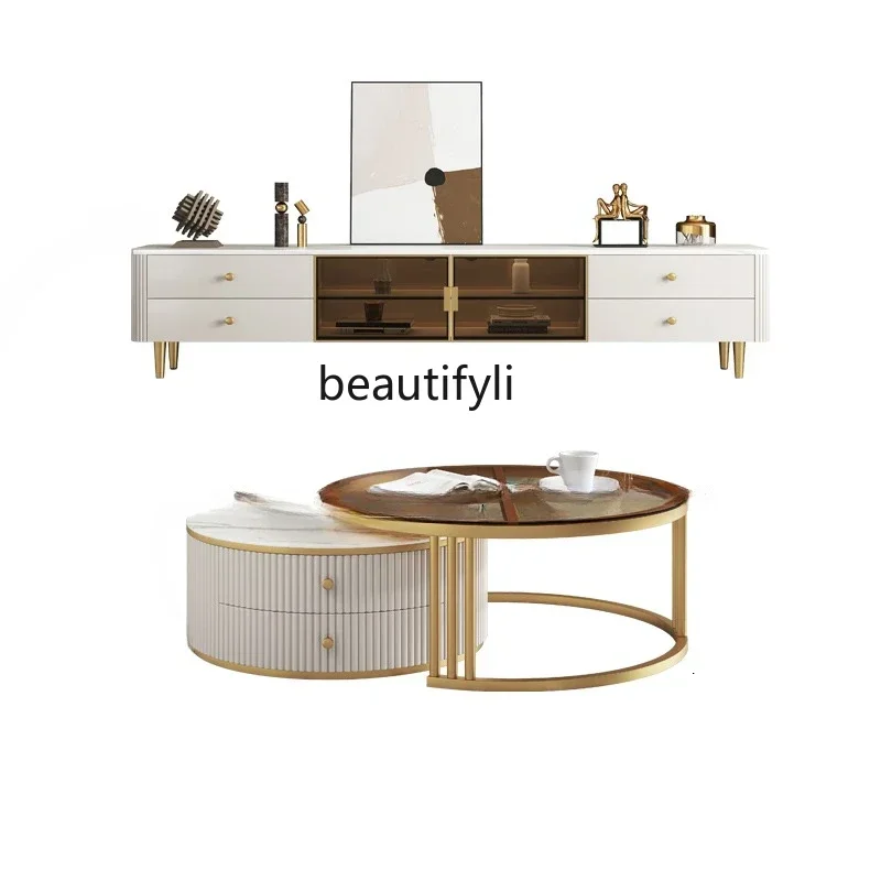 Xz1 لوحة حجرية تلفزيون خزانة شقة صغيرة خشب متين غرفة نوم غرفة المعيشة المنزل زجاج مستدير ضوء طاولة شاي فاخرة مزيج