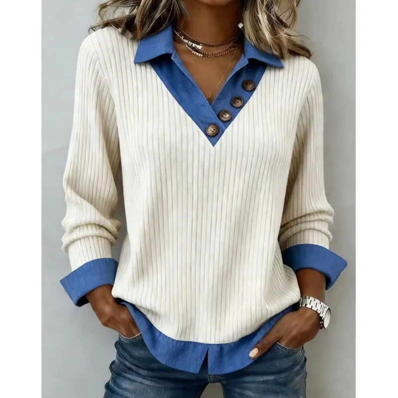 Women's Spliced Knit Fake Two-Piece V-Neck Pit Stripe Long Sleeved Casual Top