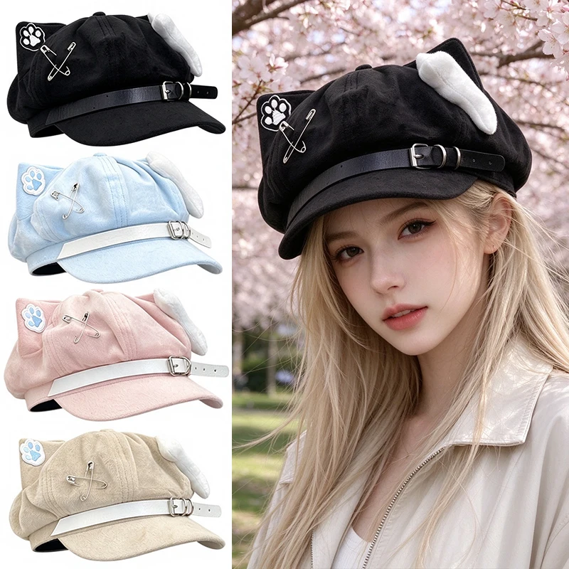 Kawaii Plush Cat Ear Newsboy Cap for Women Y2K Harajuku Punk Cat Paw Safety Pin Octagonal Beret Peaked Baker Boy Hat