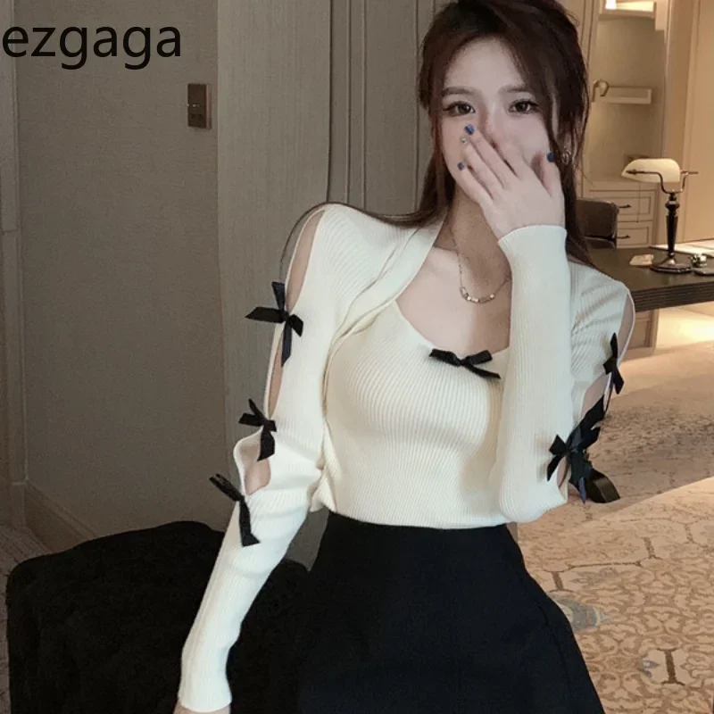 Ezgaga Knitted Sweater Women Bow Hollow Out Patchwork Square Collar Chic Korean Fashion Inside Crop Tops Stretch Sexy Pullover